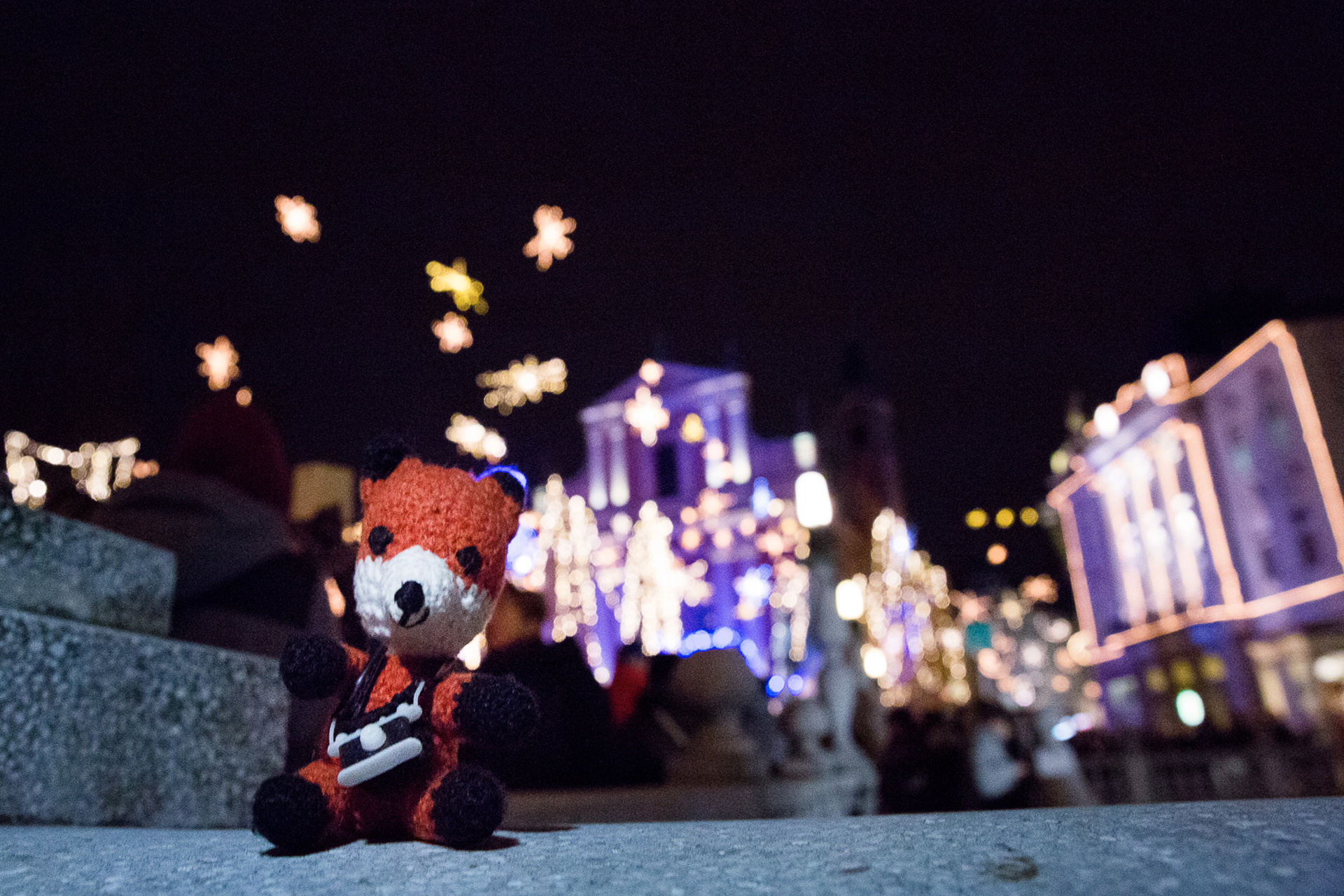 Finn vor weihnachtlichem Bokeh-Hintergrund. Beim Fotografieren im Winter kannst du die Lichter auf Weihnachtsmärkten zu deinem Vorteil nutzen.